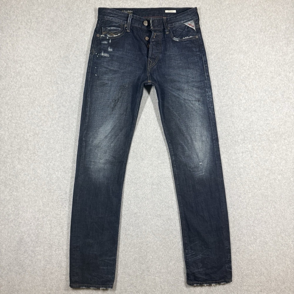 Replay JENNON Jeans Men 29x32 Dark Wash Distressed Splattered Straight Leg M909N